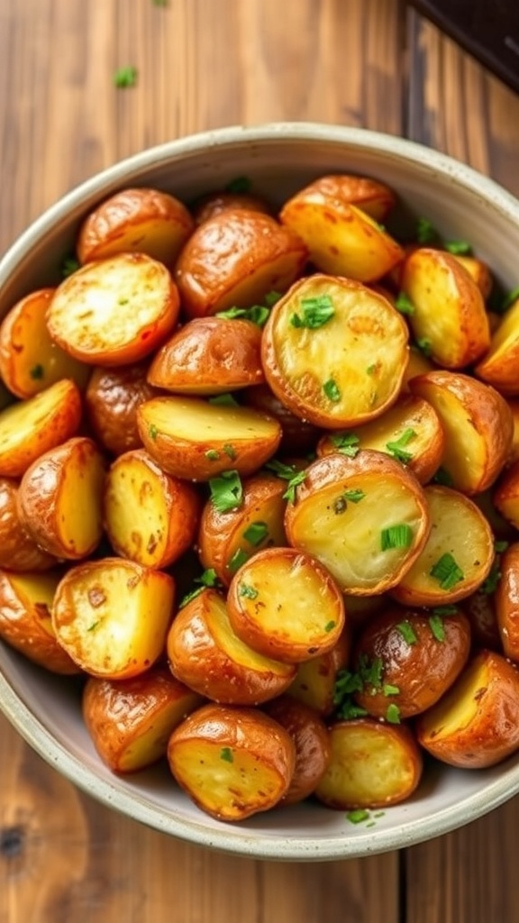 Crispy air fryer baby red potatoes garnished with herbs in a bowl on a wooden table.